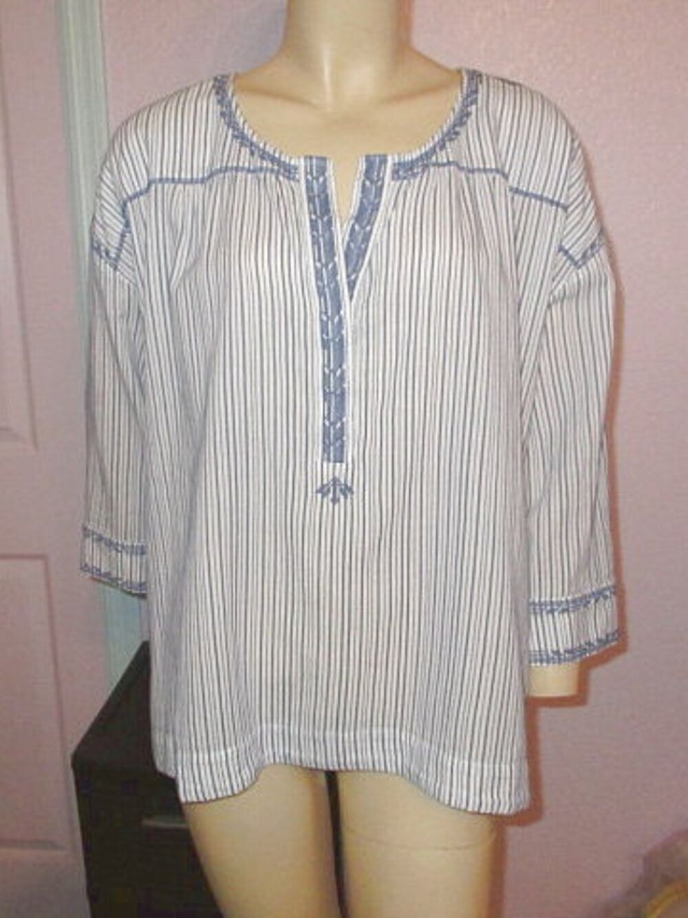 J. Jill Embroidered Blouse Top Size L Striped Cotton Tunic Mediterranean Coastal
